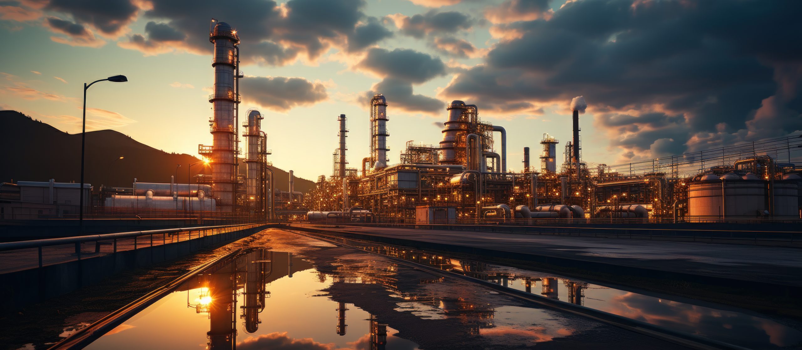 Industrial zone with pipelines and equipment at sunset.