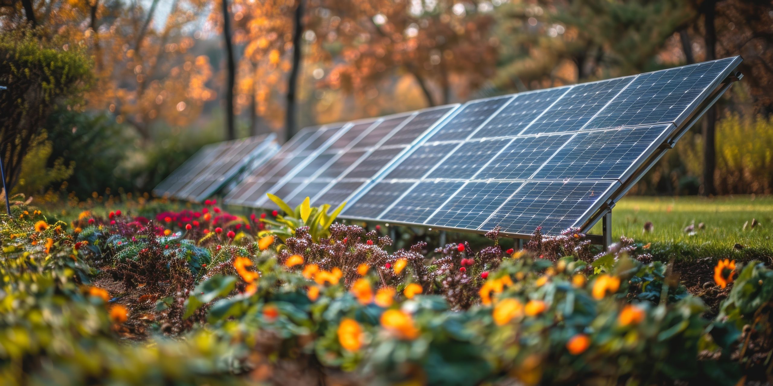 Solar panels on green field surrounded by flowers